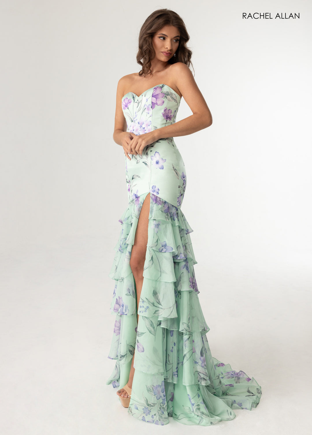 Print Strapless Slit Gown by Rachel Allan 70995