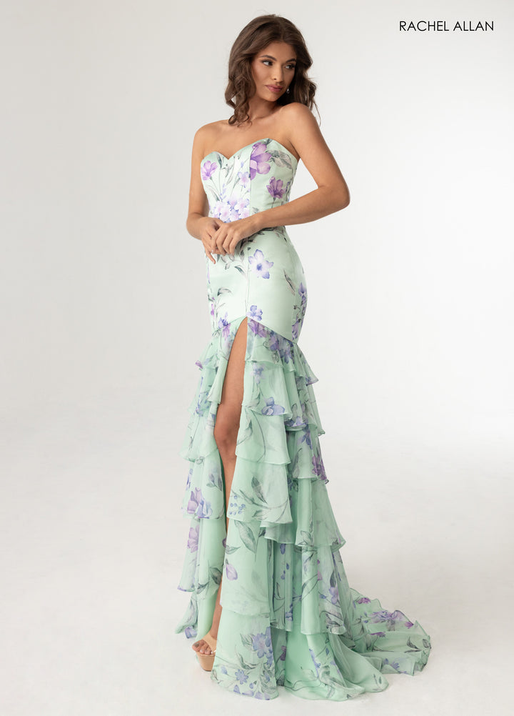Print Strapless Slit Gown by Rachel Allan 70995
