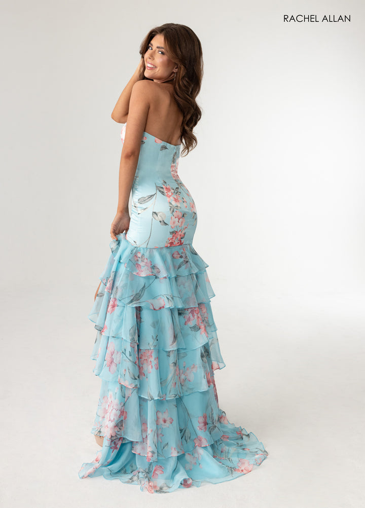 Print Strapless Slit Gown by Rachel Allan 70995