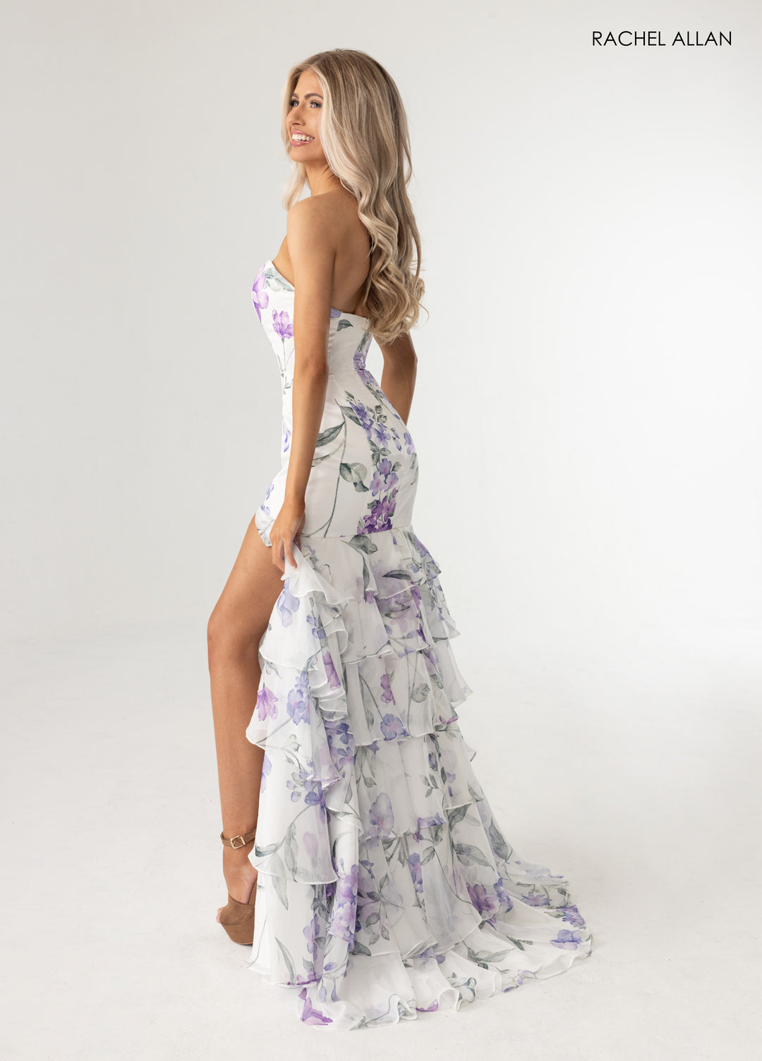Print Strapless Slit Gown by Rachel Allan 70995