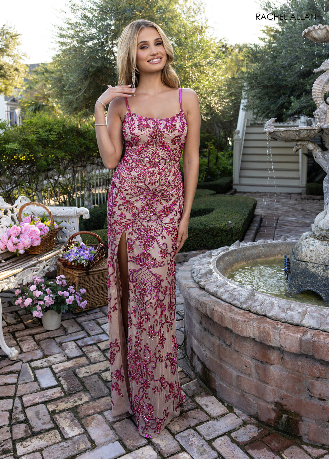 Beaded Sleeveless Slit Gown by Rachel Allan 70999