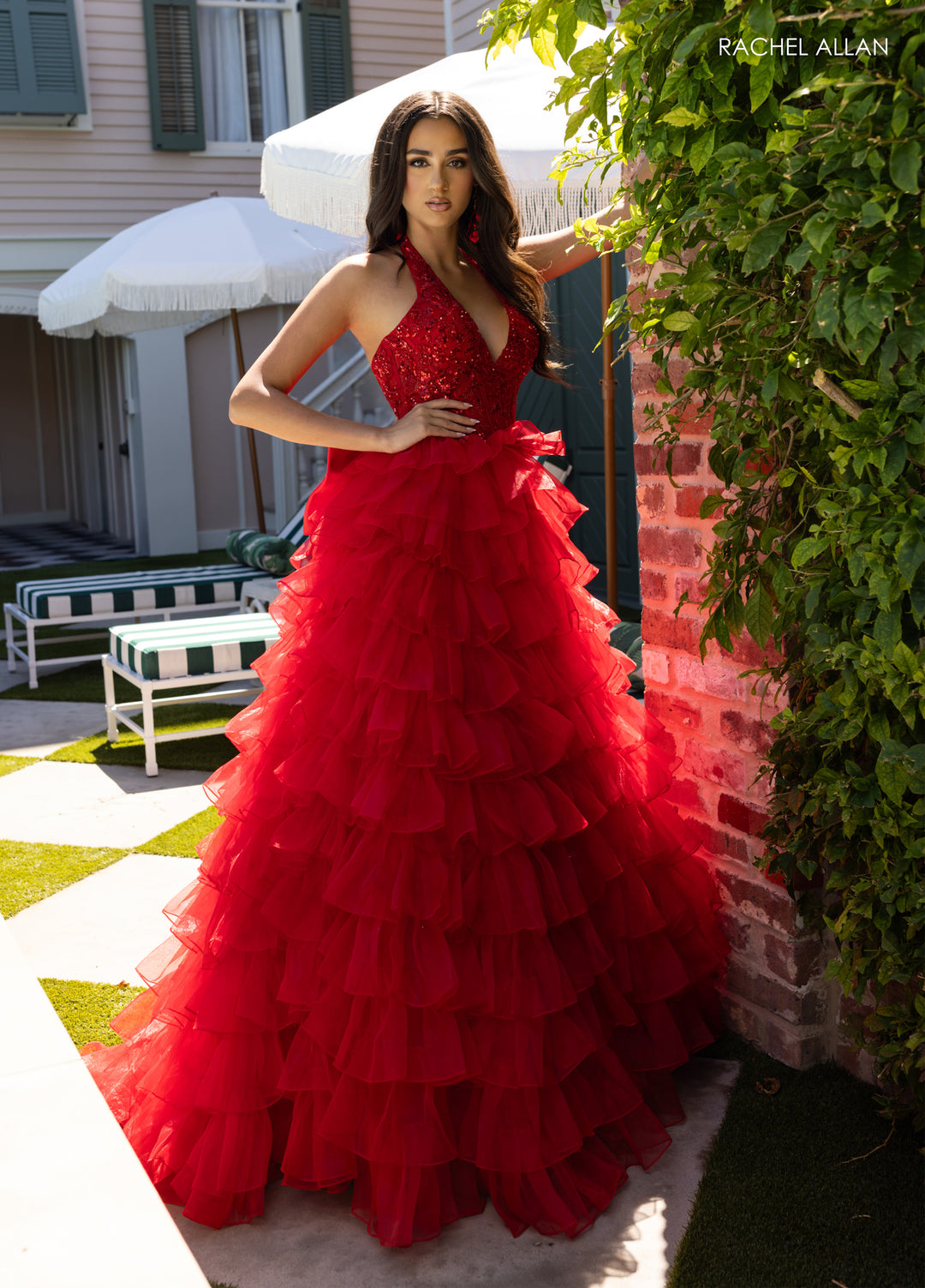 Halter A-line Ruffled Gown by Rachel Allan 71006 Red / 10 Halter A-line Ruffled Gown by Rachel Allan 71006 Red / 10