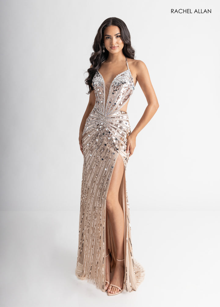 Mirror Beaded V-Neck Slit Gown by Rachel Allan 71011