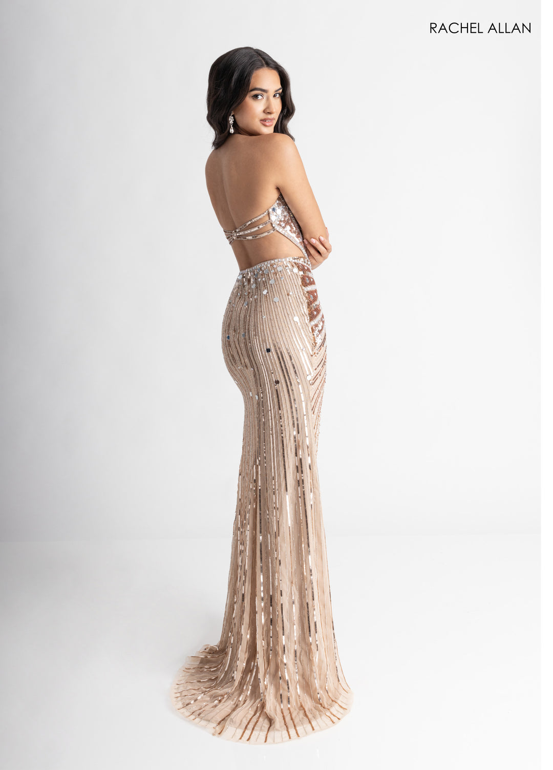 Mirror Beaded V-Neck Slit Gown by Rachel Allan 71011