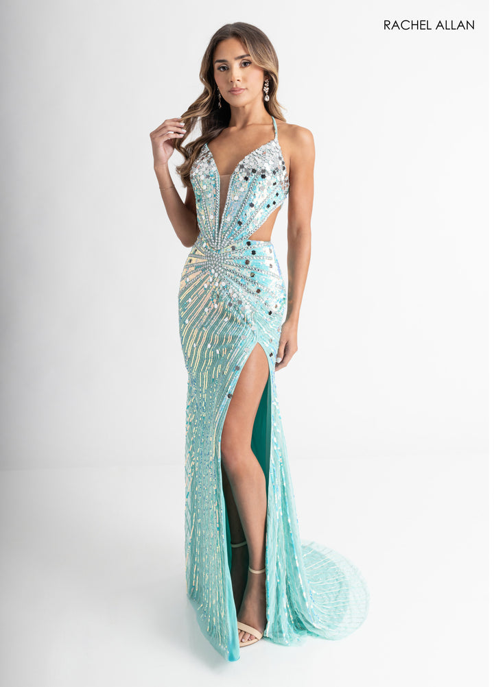 Mirror Beaded V-Neck Slit Gown by Rachel Allan 71011