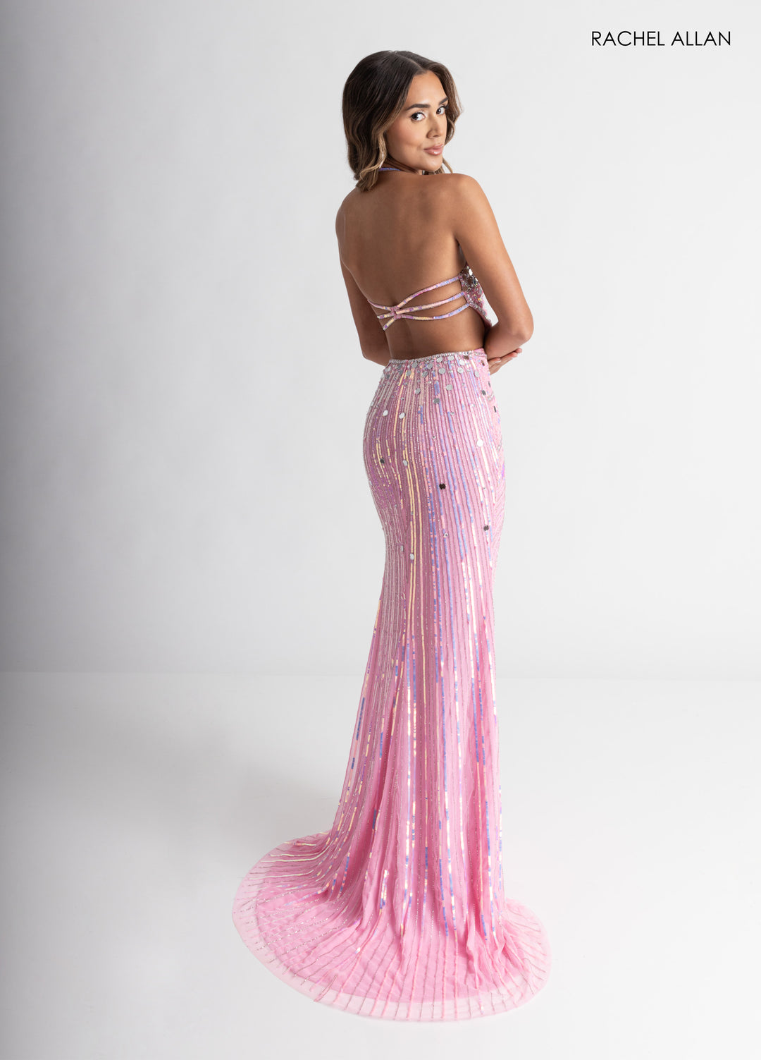 Mirror Beaded V-Neck Slit Gown by Rachel Allan 71011