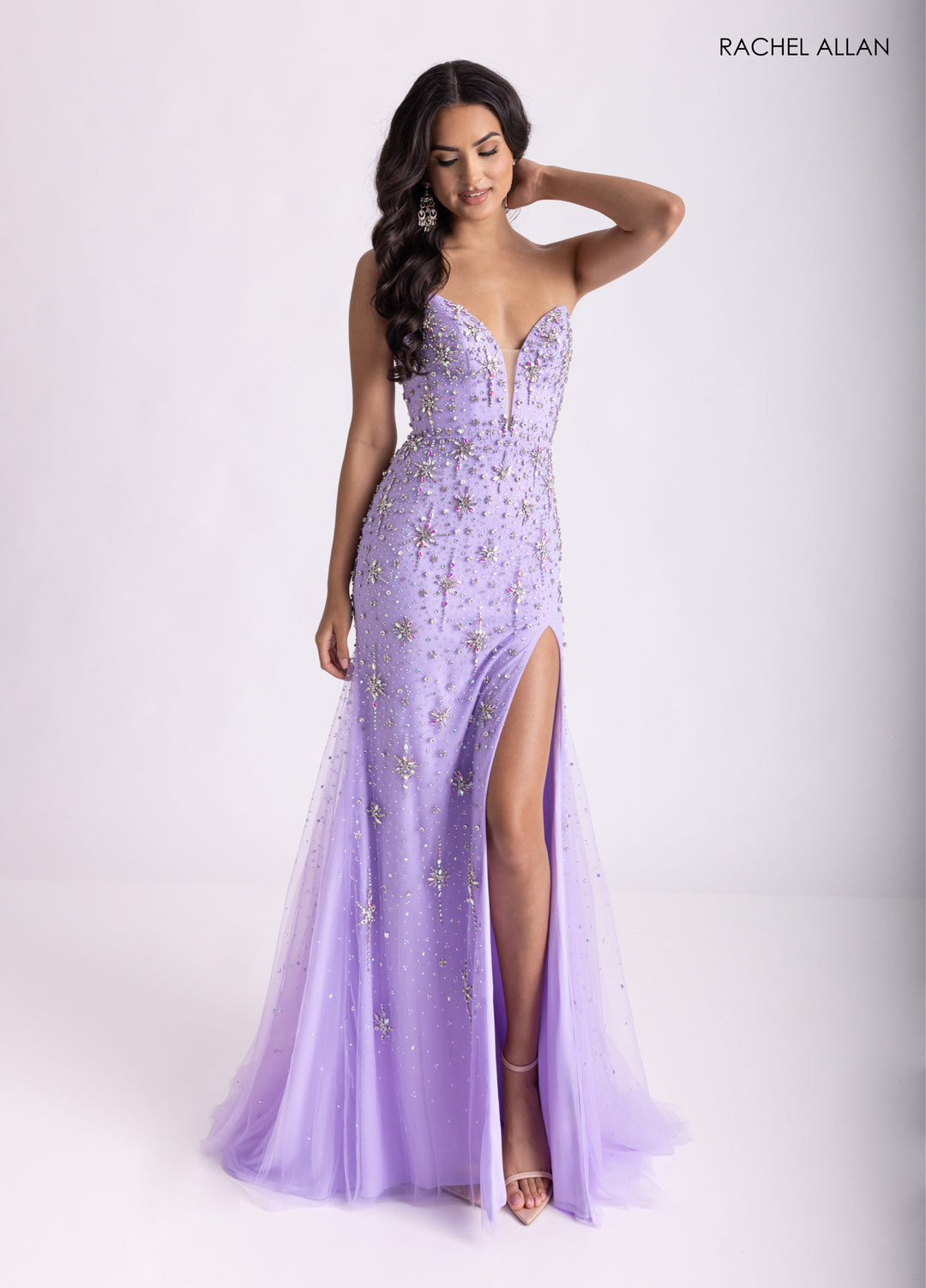 Beaded Strapless Slit Gown by Rachel Allan 71013