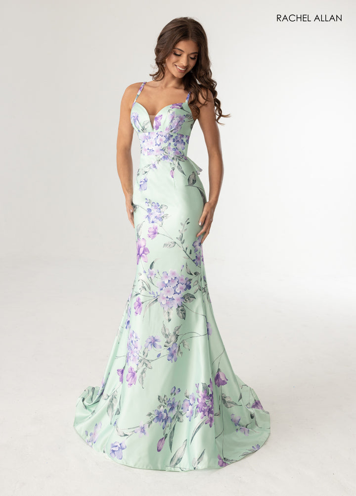 Floral Print Fitted Ruffled Gown by Rachel Allan 71023