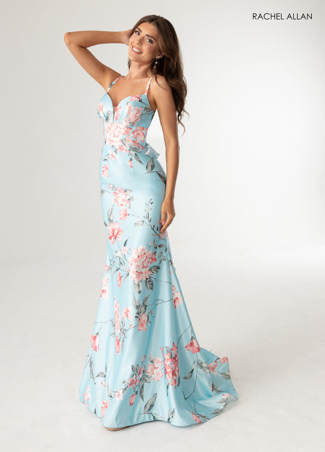 Floral Print Fitted Ruffled Gown by Rachel Allan 71023