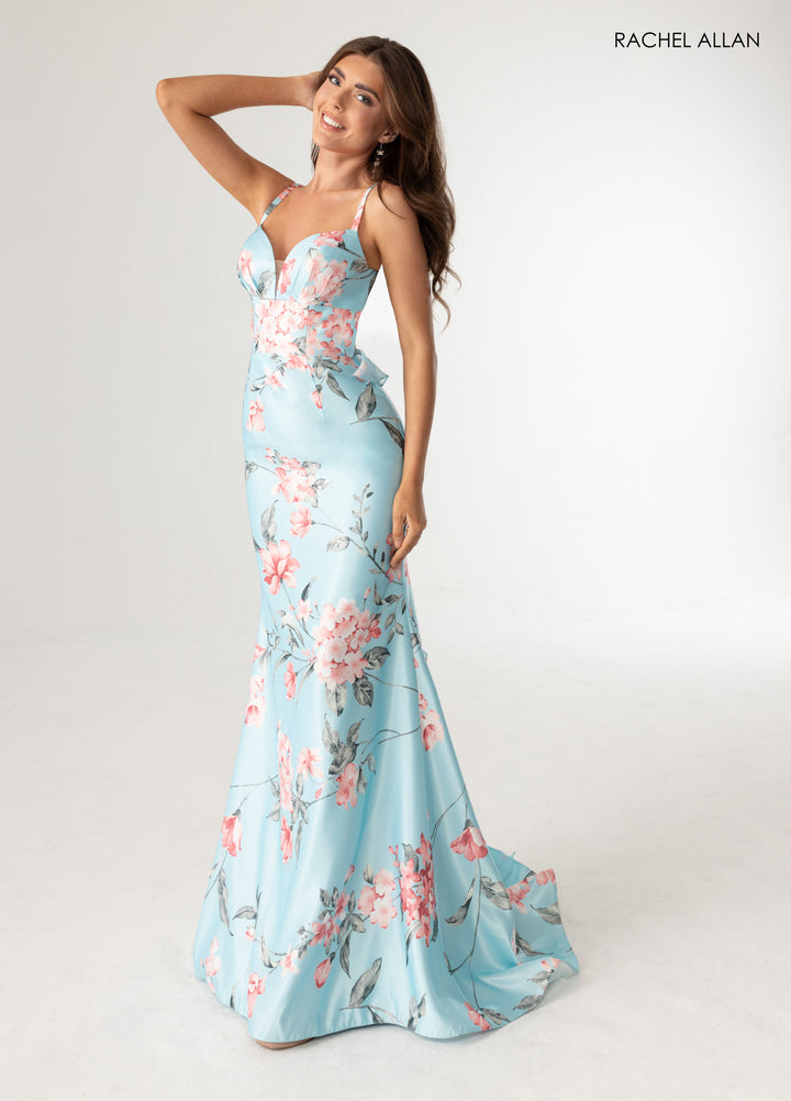 Floral Print Fitted Ruffled Gown by Rachel Allan 71023