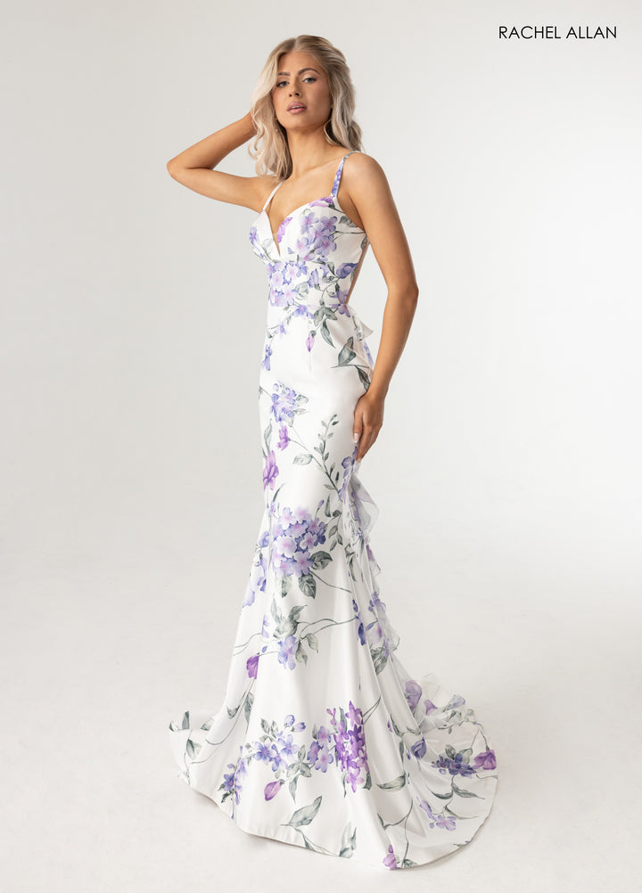 Floral Print Fitted Ruffled Gown by Rachel Allan 71023