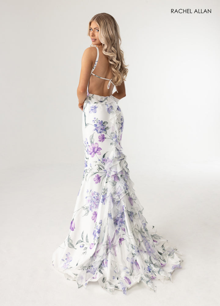 Floral Print Fitted Ruffled Gown by Rachel Allan 71023