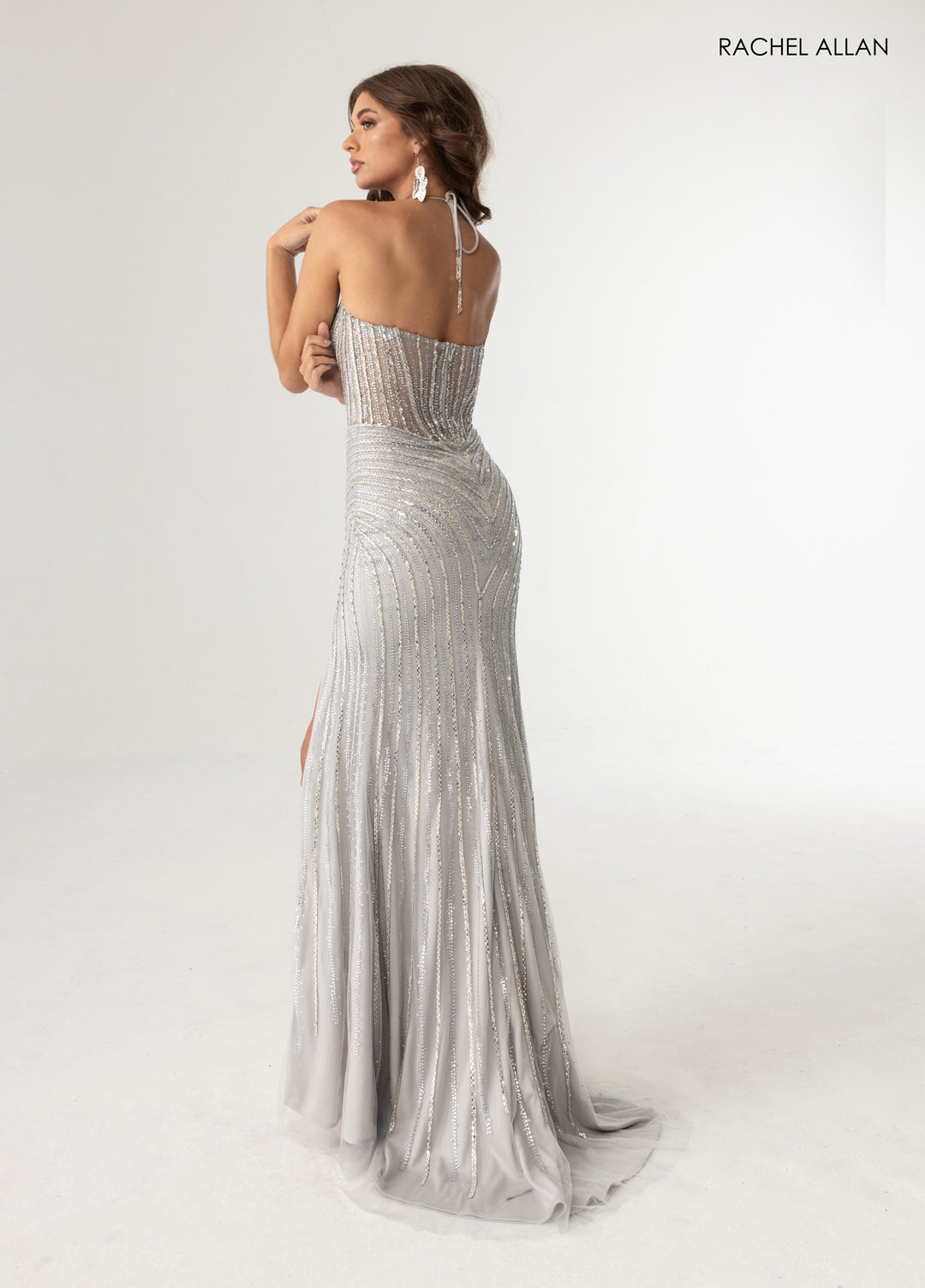 Beaded Halter Slit Gown by Rachel Allan 71025