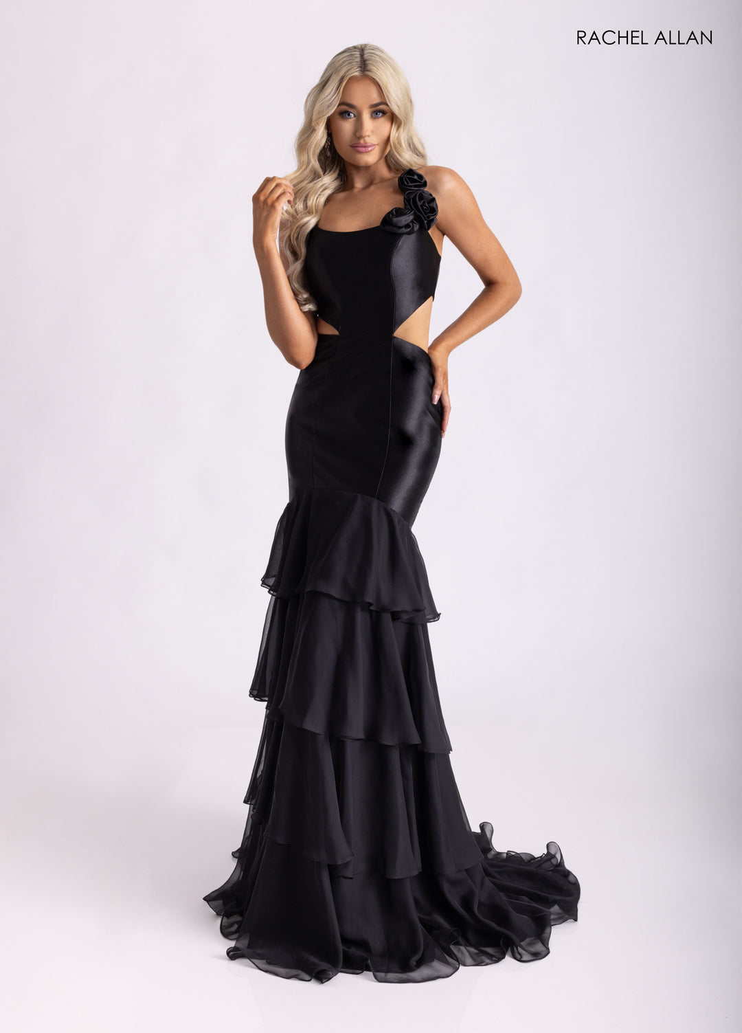 Fitted Strappy Back Ruffled Gown by Rachel Allan 71027 Black / 0 Fitted Strappy Back Ruffled Gown by Rachel Allan 71027 Black / 0