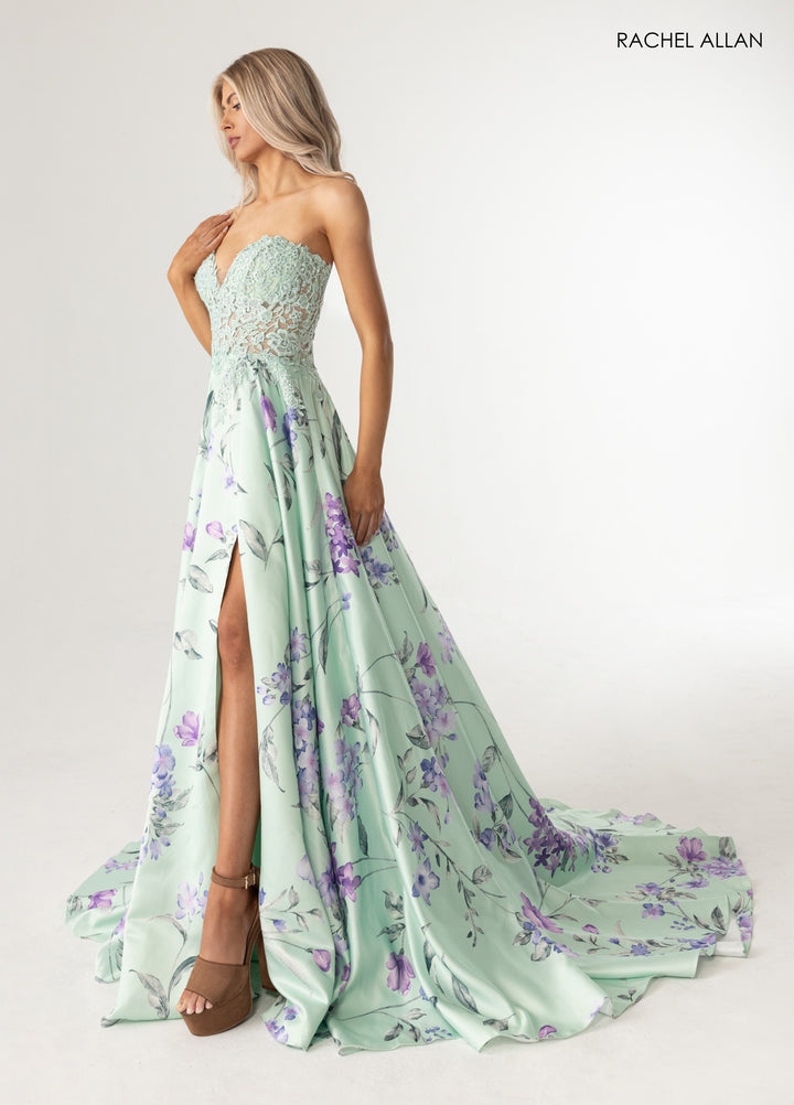 Print Strapless A-line Slit Gown by Rachel Allan 71031