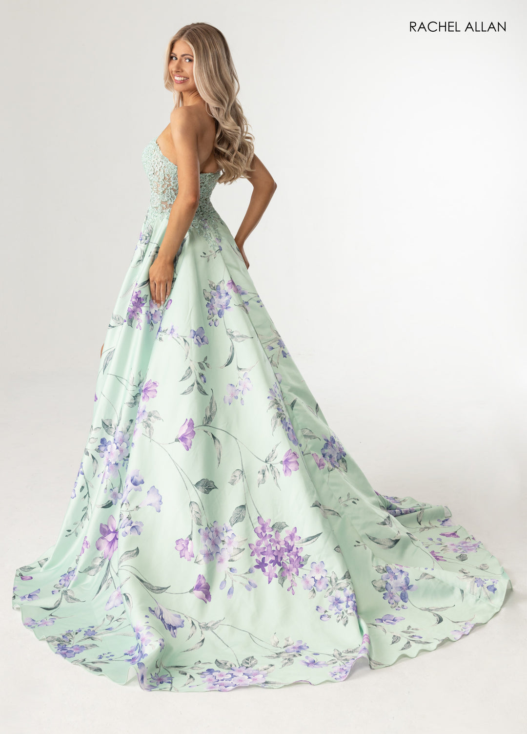 Print Strapless A-line Slit Gown by Rachel Allan 71031