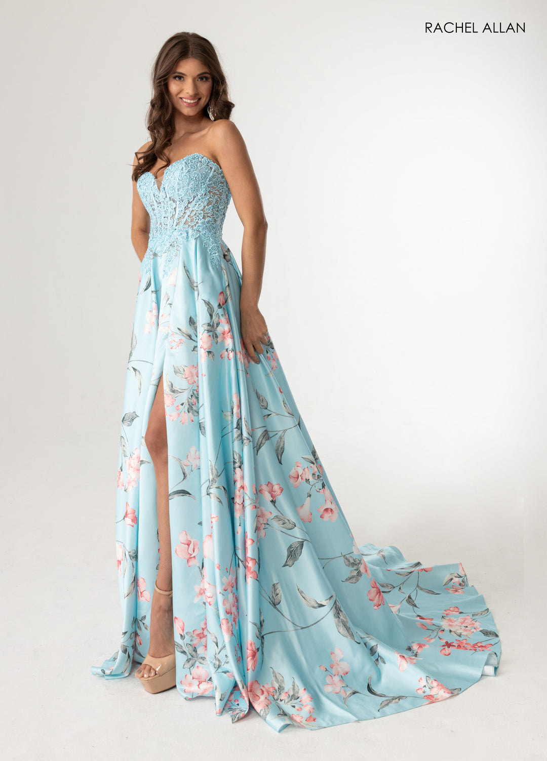 Print Strapless A-line Slit Gown by Rachel Allan 71031
