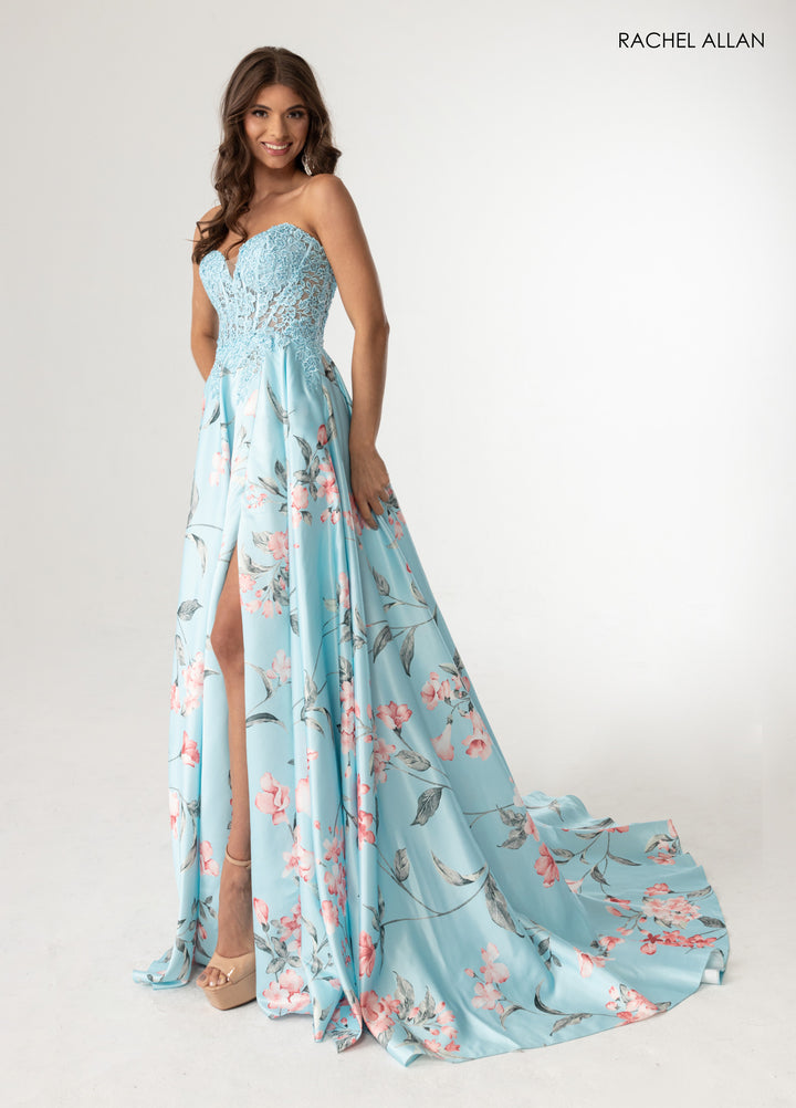 Print Strapless A-line Slit Gown by Rachel Allan 71031