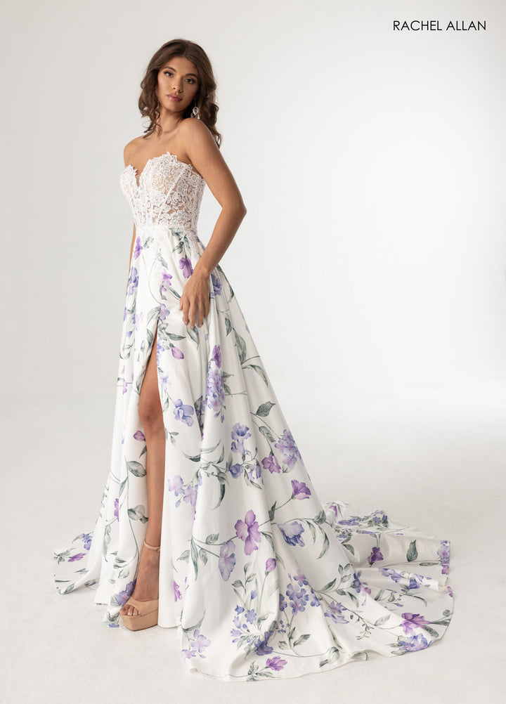 Print Strapless A-line Slit Gown by Rachel Allan 71031