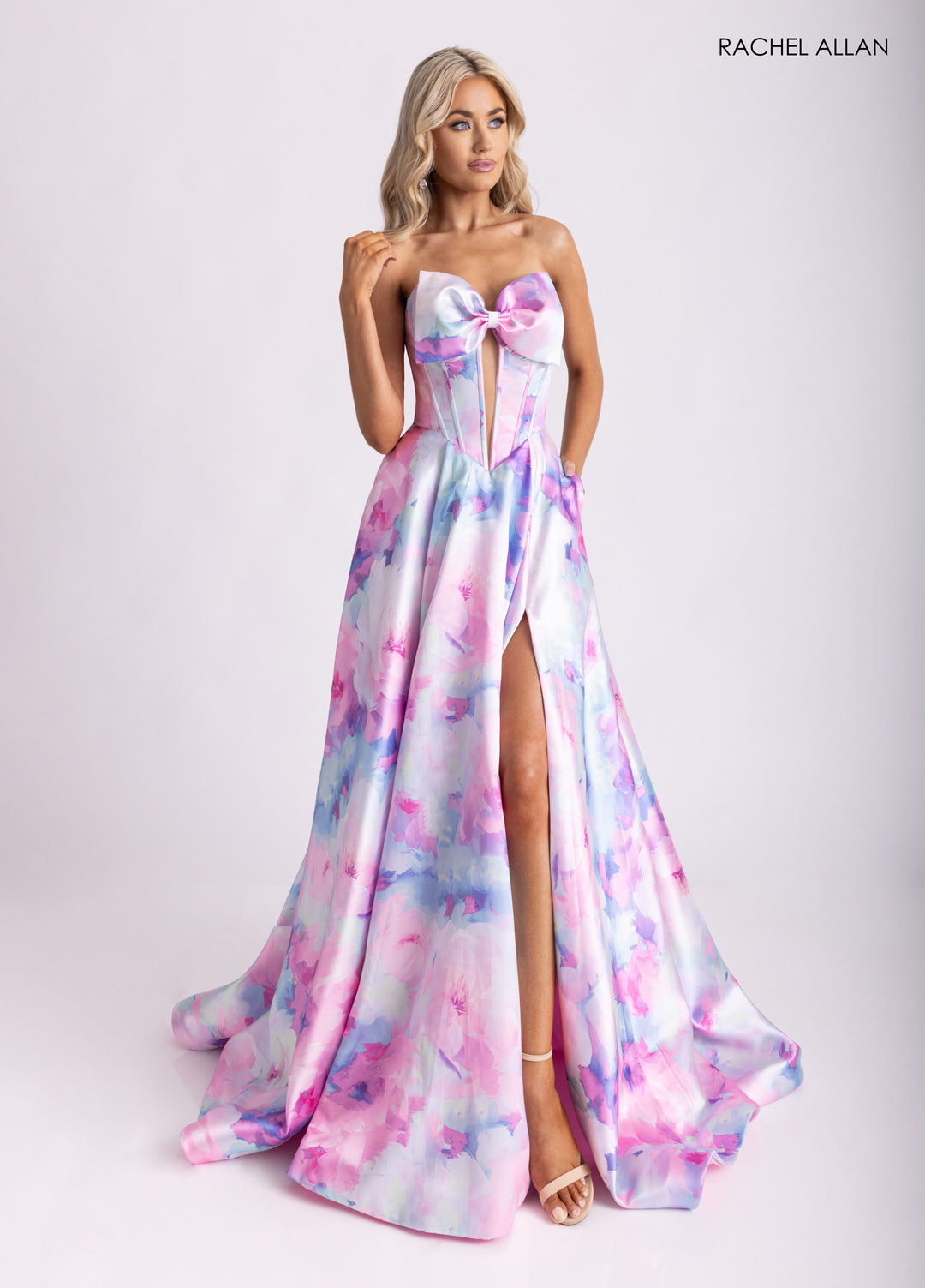 Print Strapless A-line Slit Gown by Rachel Allan 71036
