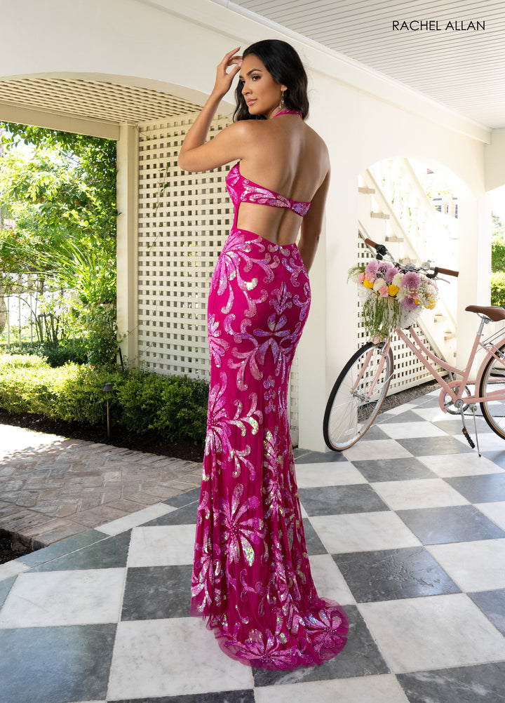 Sequin Print Halter Slit Gown by Rachel Allan 71048