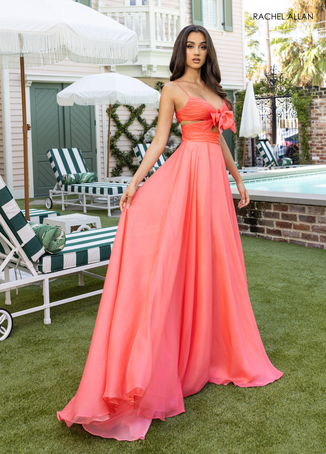 Chiffon Sleeveless A-Line Slit Gown by Rachel Allan 71050 Coral / 0 Chiffon Sleeveless A-Line Slit Gown by Rachel Allan 71050 Coral / 0