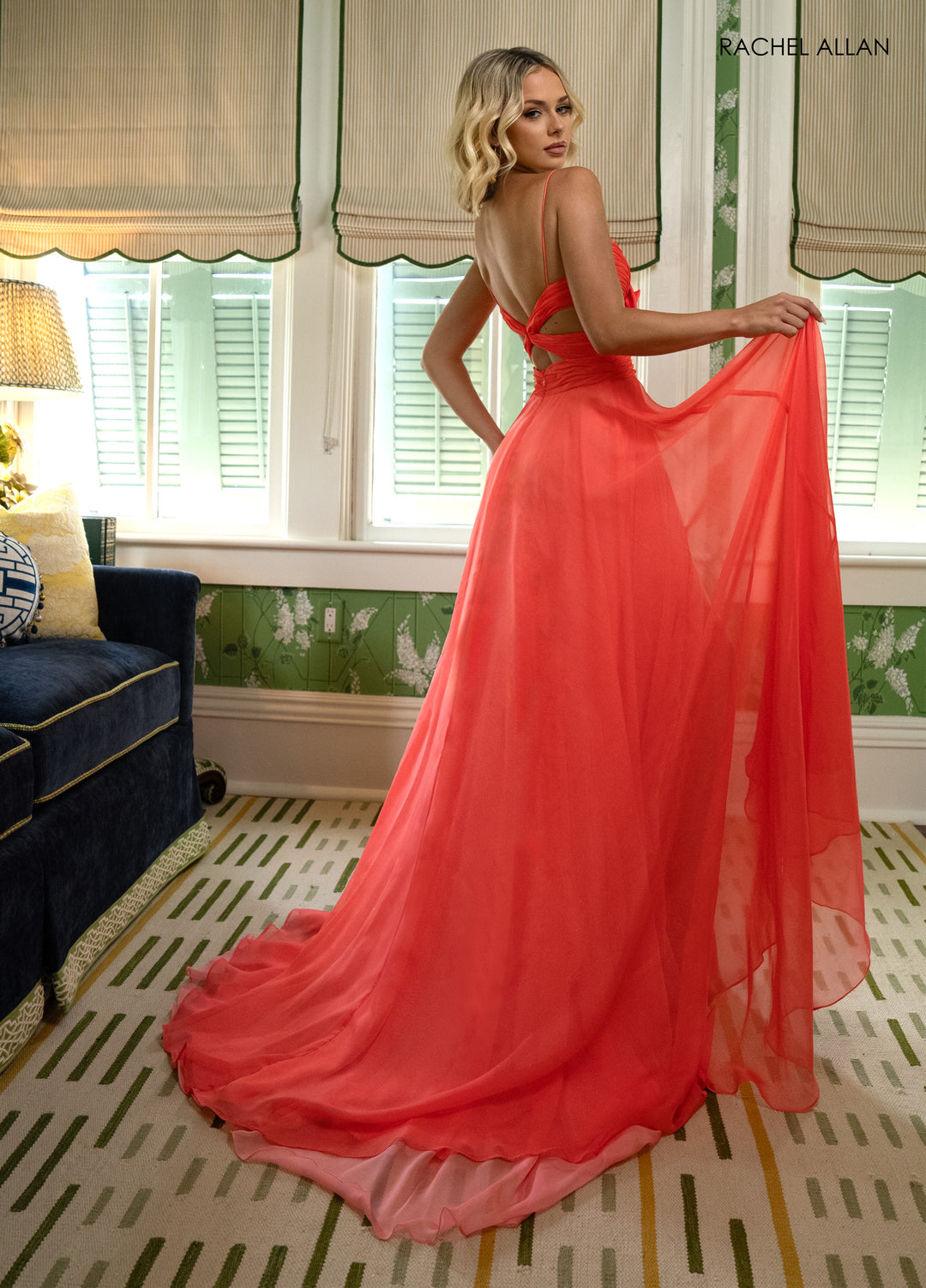 Chiffon Sleeveless A-line Slit Gown by Rachel Allan 71050 Coral / 0 Chiffon Sleeveless A-line Slit Gown by Rachel Allan 71050 Coral / 0