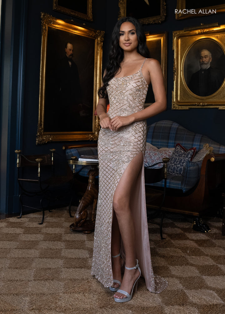 Beaded Sleeveless Slit Gown by Rachel Allan 71062