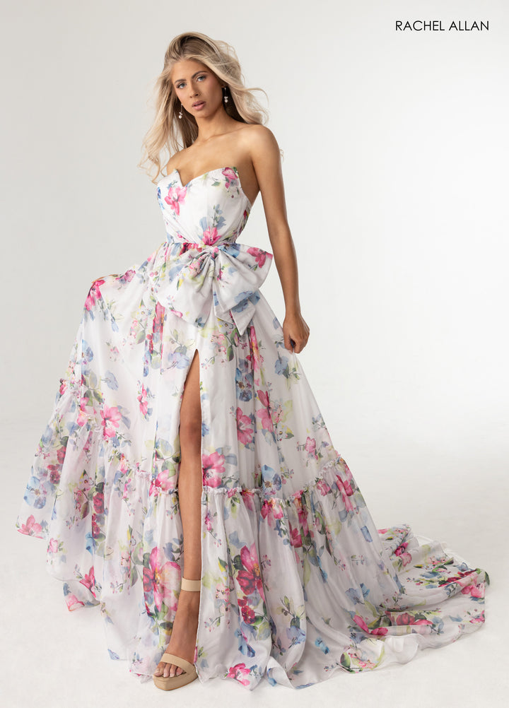 Print Strapless A-line Slit Gown by Rachel Allan 71065