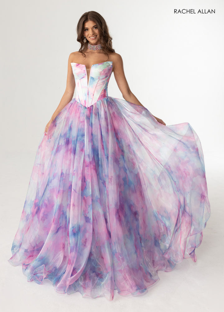 Print Strapless A-line Gown by Rachel Allan 71069