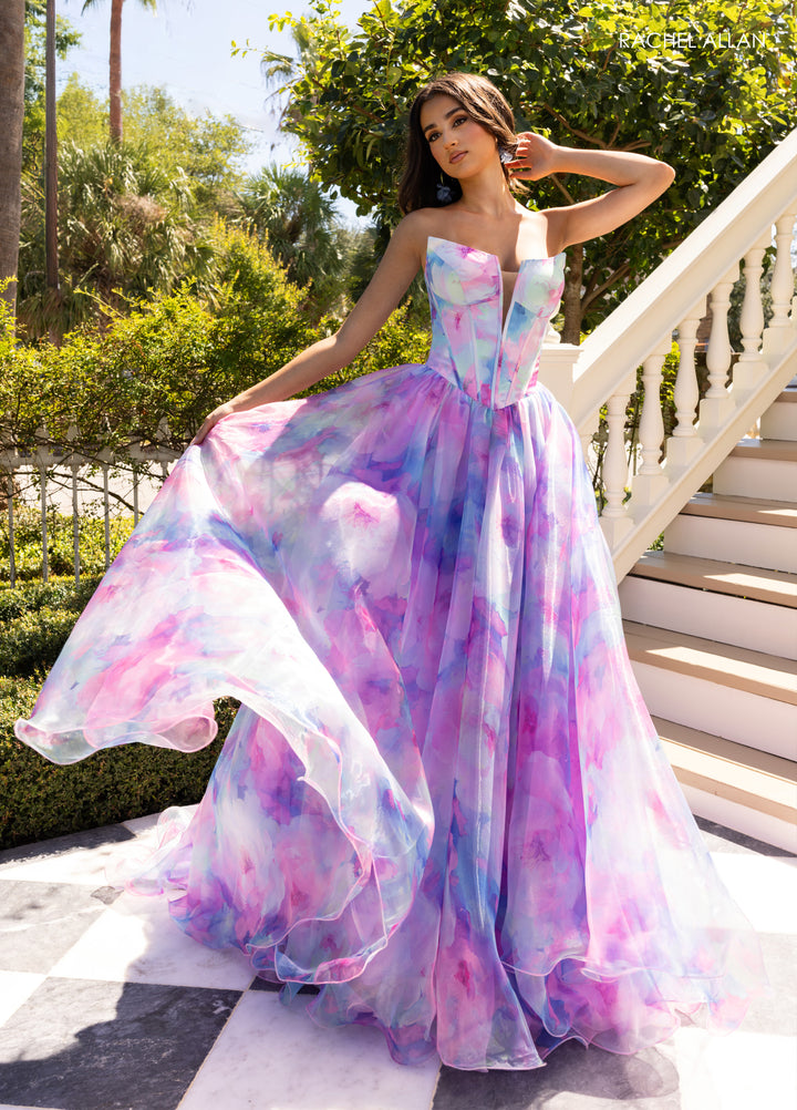Print Strapless A-line Gown by Rachel Allan 71069