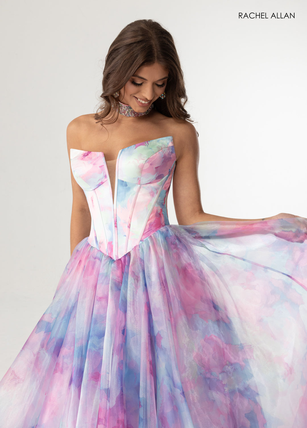 Print Strapless A-line Gown by Rachel Allan 71069
