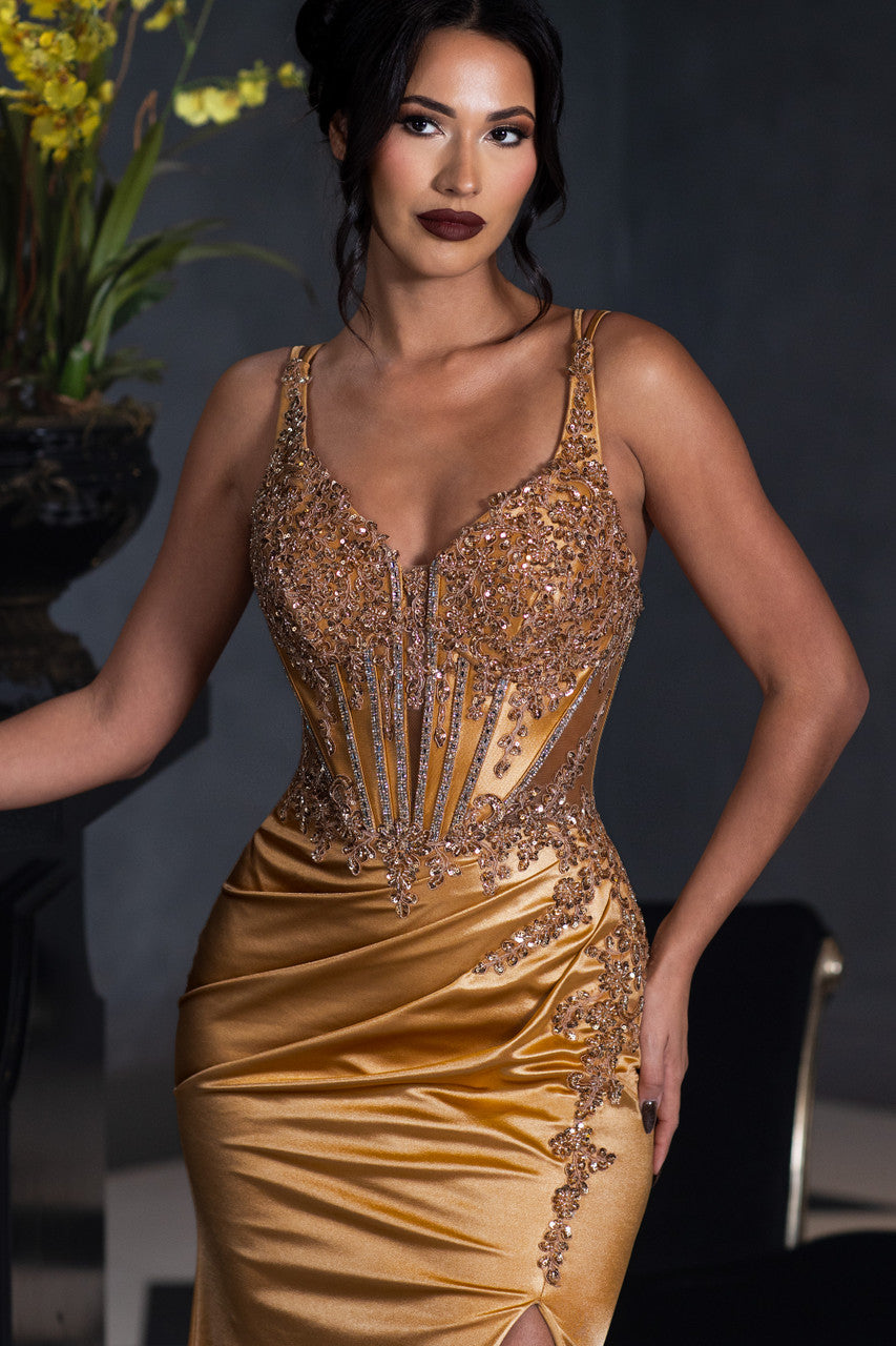 Beaded Satin Fitted V-Neck Slit Gown by Lenovia 8481