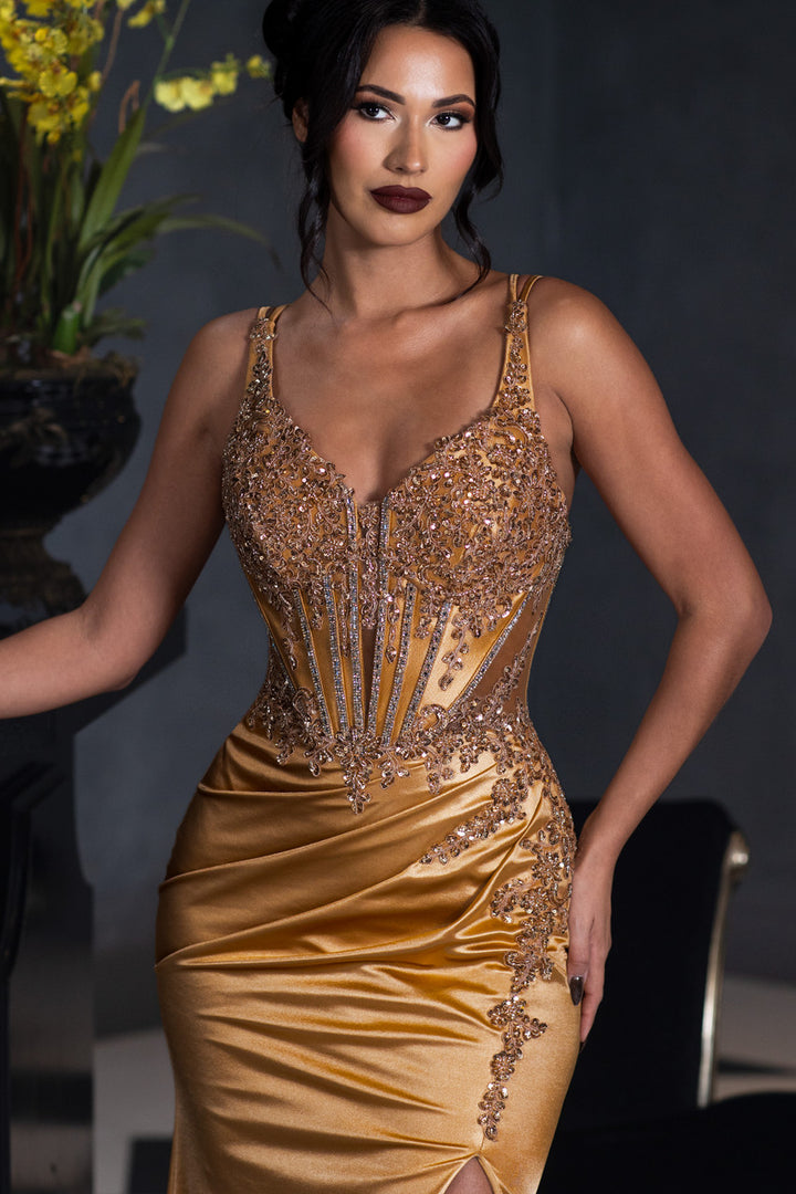Beaded Satin Fitted V-Neck Slit Gown by Lenovia 8481