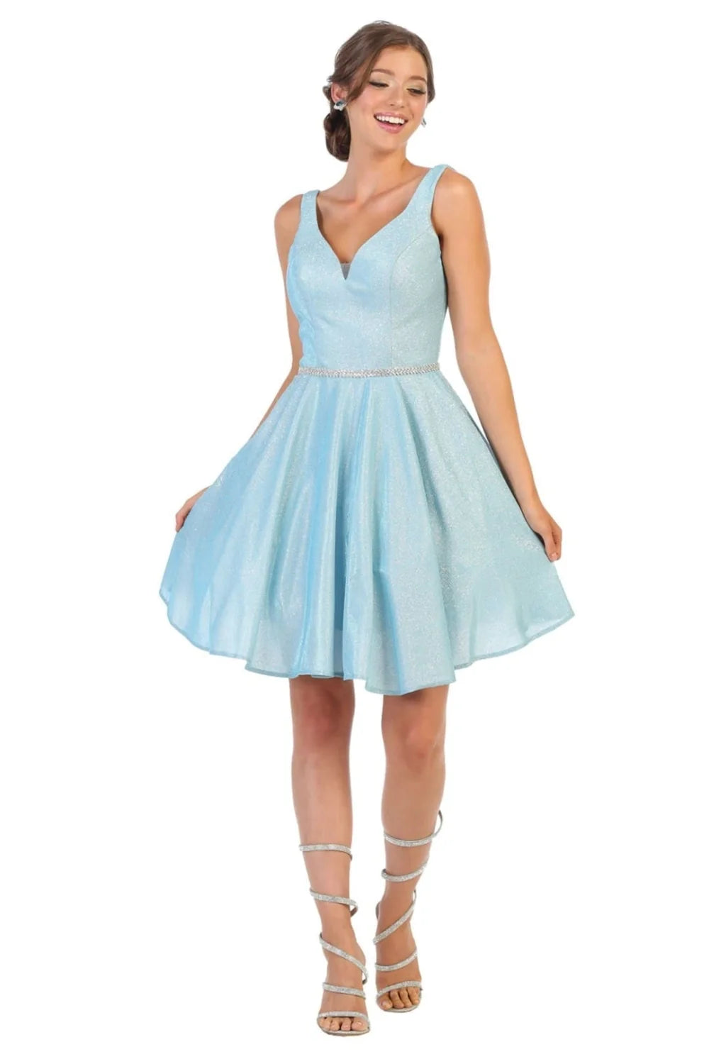 Glitter Short V-Neck A-line Dress by May Queen MQ1777