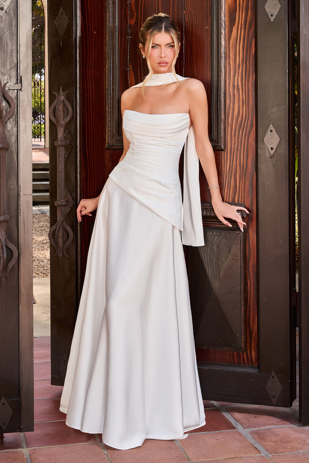 White Fitted Strapless Scarf Gown by Ladivine 7432W