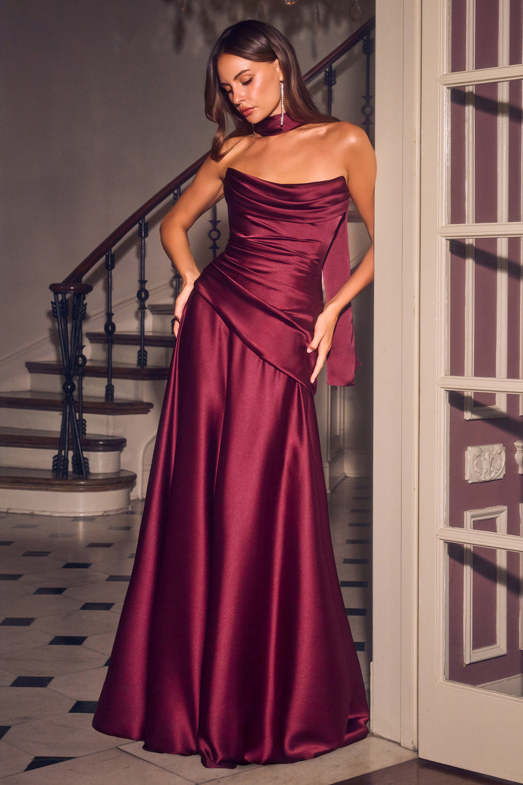 Satin Strapless Scarf A-line Gown by Ladivine 7432