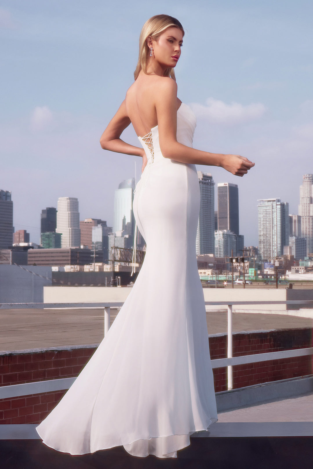 Chiffon White Strapless Gown by Ladivine 7434W