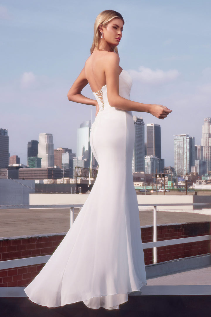 Chiffon White Strapless Gown by Ladivine 7434W