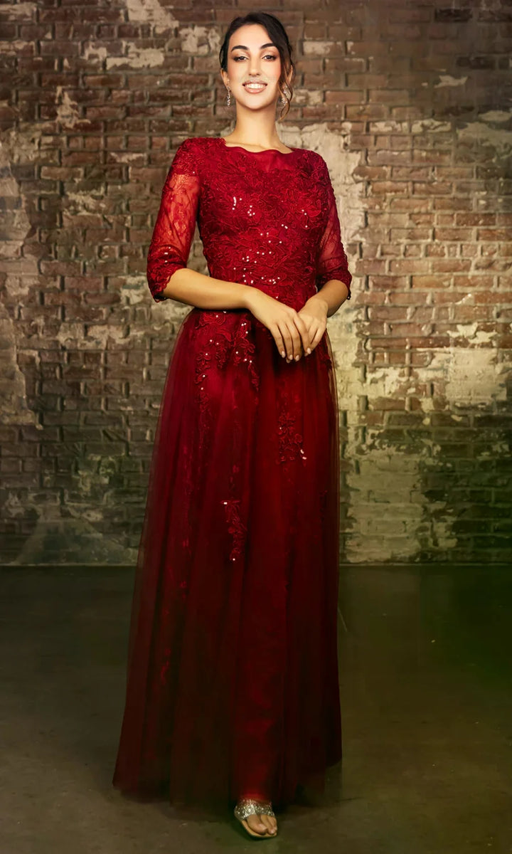 Applique Mid-Sleeve A-line Gown by May Queen MQ2143
