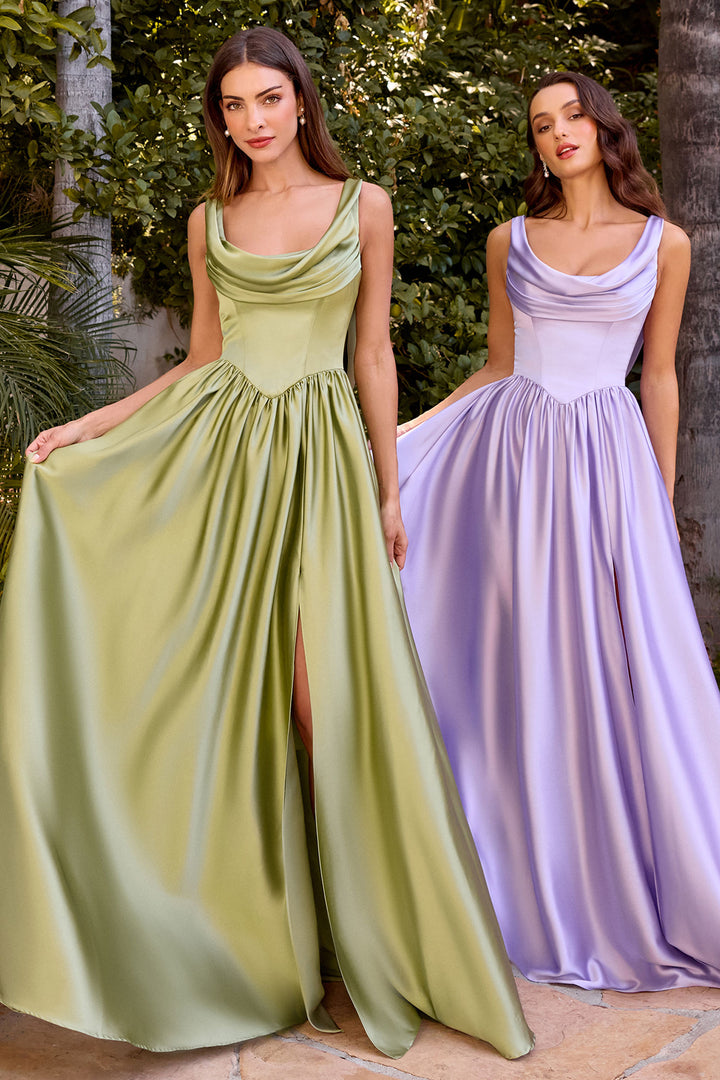 Satin Sleeveless A-line Slit Gown by Ladivine 7446