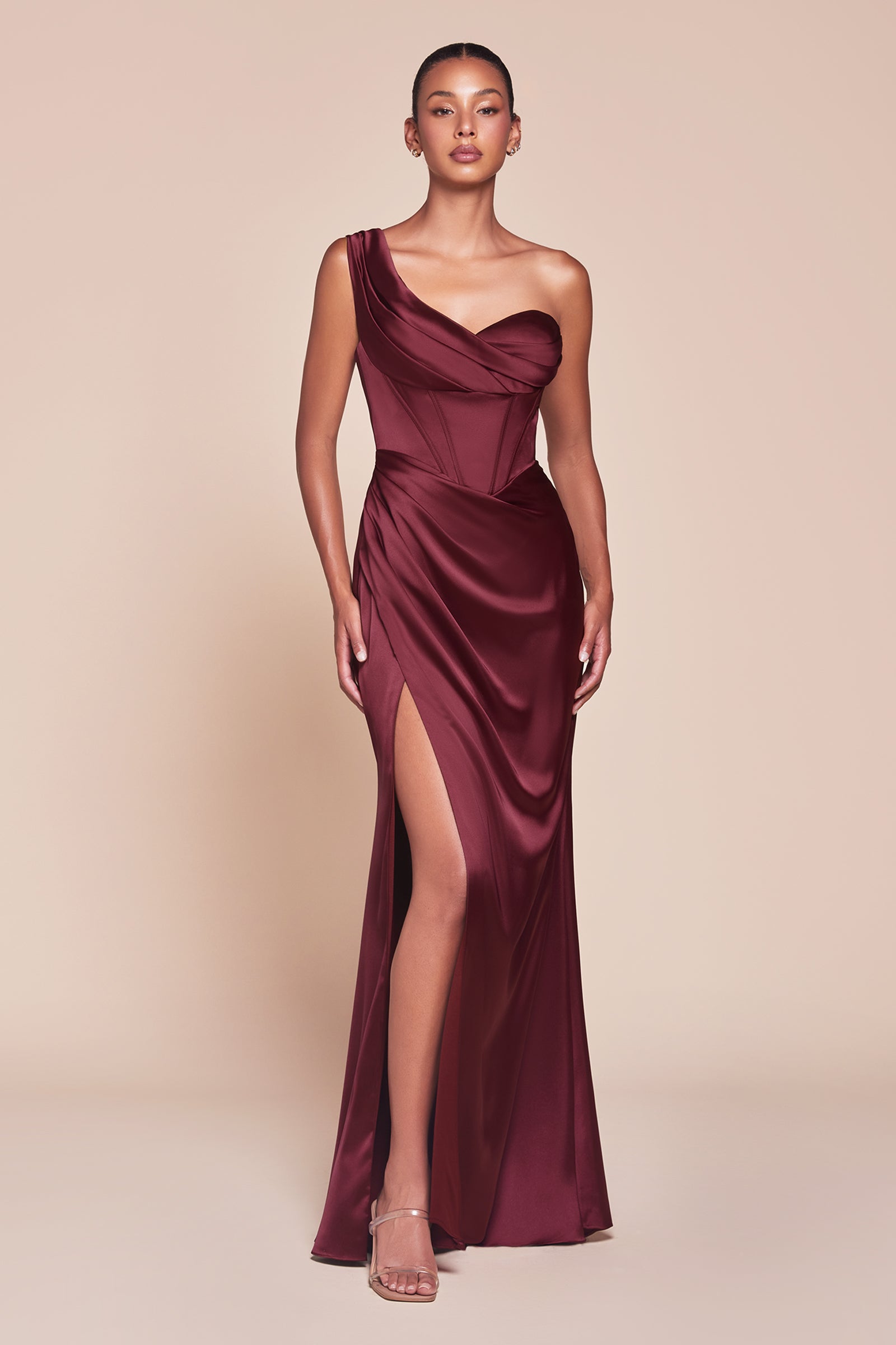 Satin Fitted One Shoulder Slit Gown by Ladivine 7448 – ABC Fashion