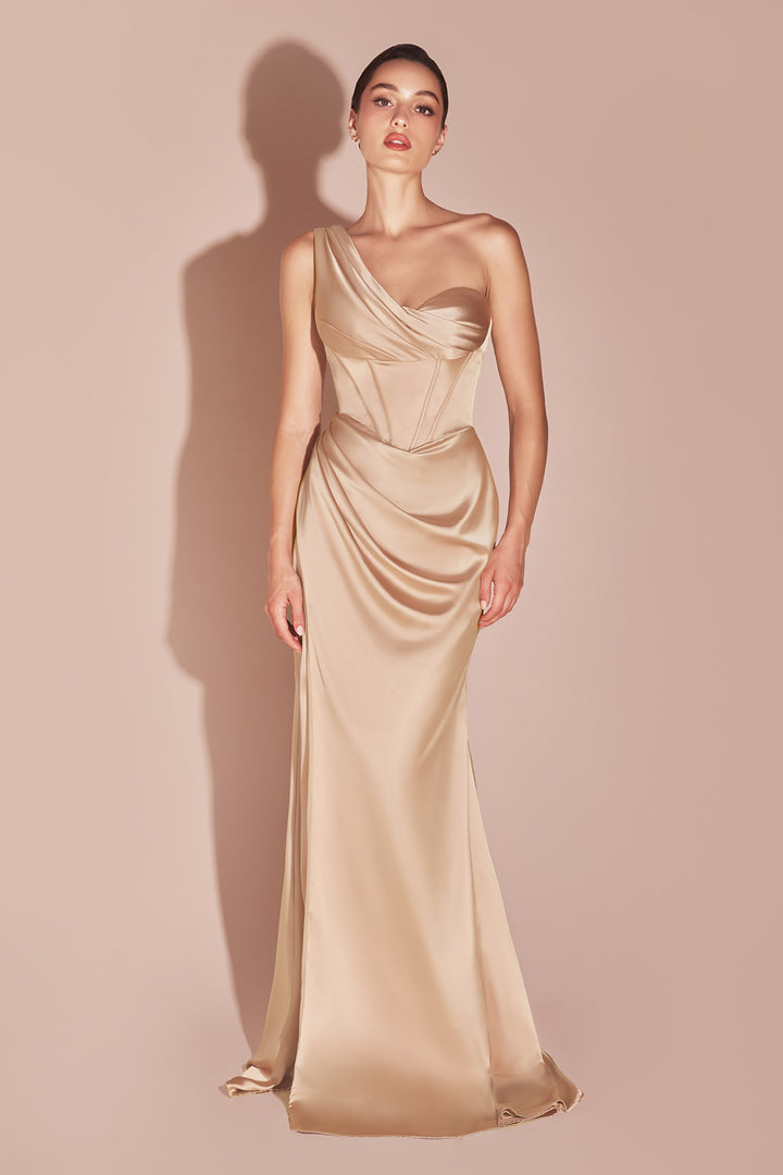 Satin Fitted One Shoulder Slit Gown by Ladivine 7448 - Outlet