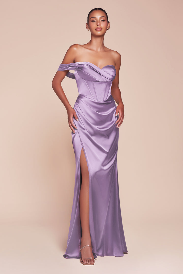 Satin Fitted One Shoulder Slit Gown by Ladivine 7448 - Outlet