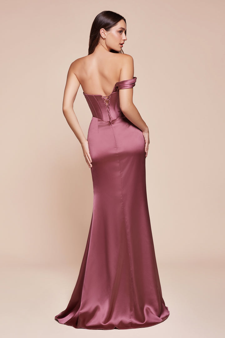 Satin Fitted One Shoulder Slit Gown by Ladivine 7448 - Outlet
