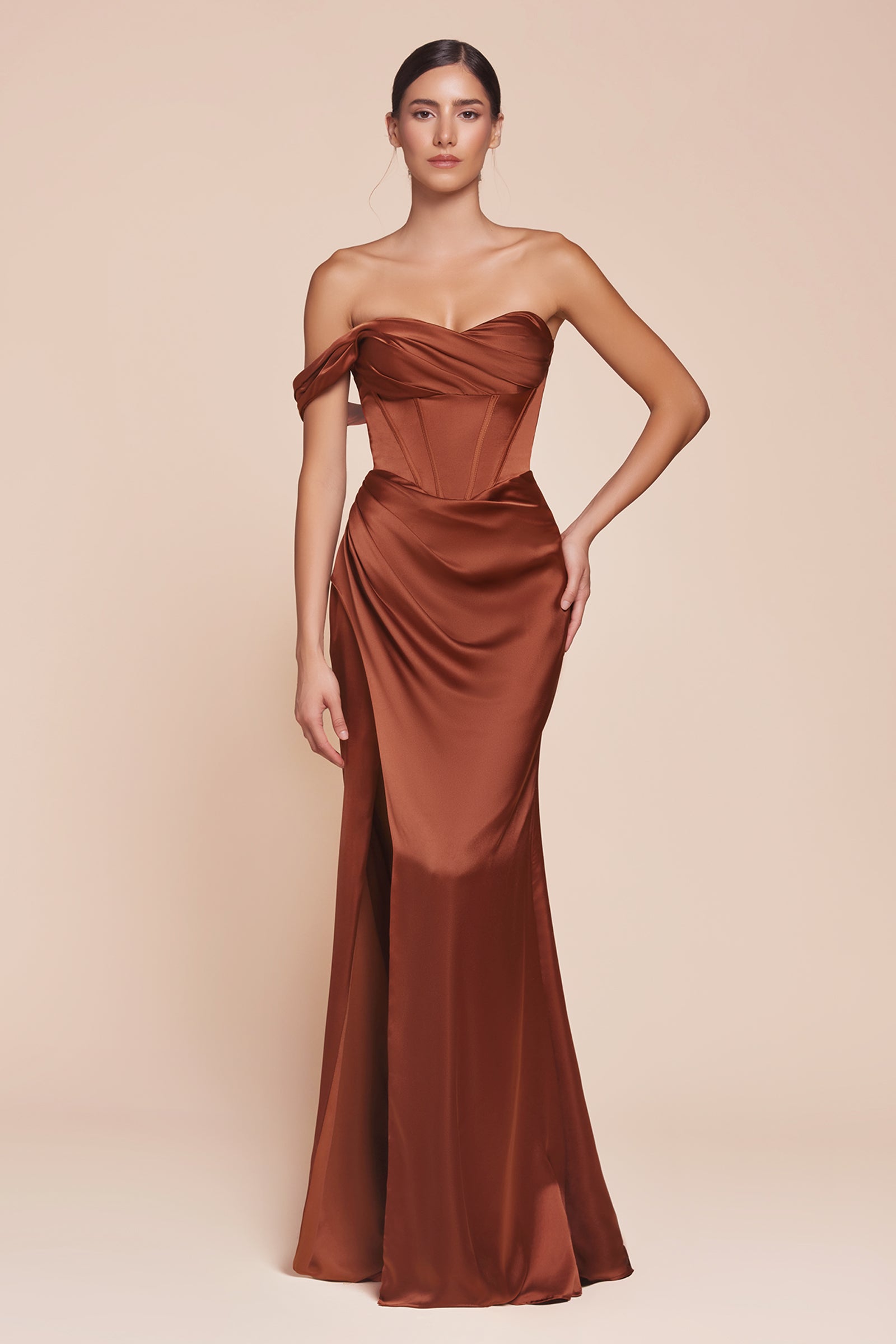 Satin Fitted One Shoulder Slit Gown by Ladivine 7448 – ABC Fashion