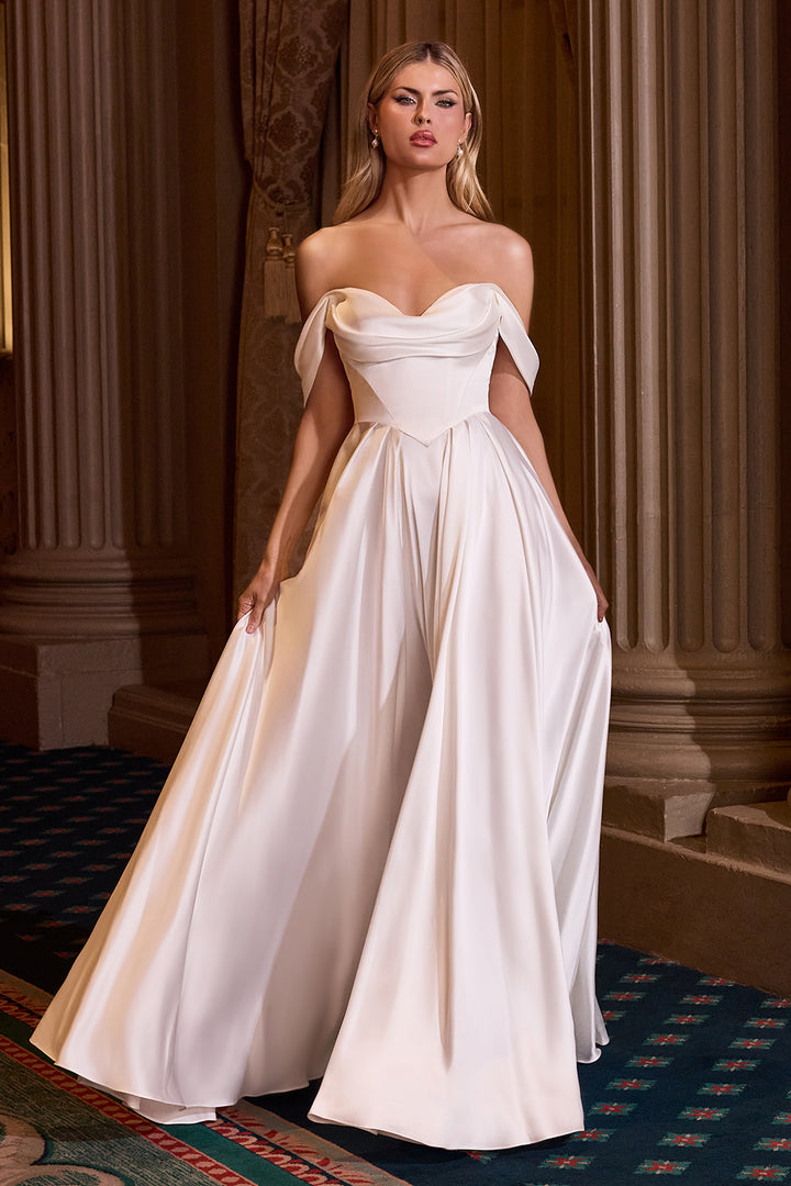 White Off Shoulder A-line Gown by Ladivine 7449W