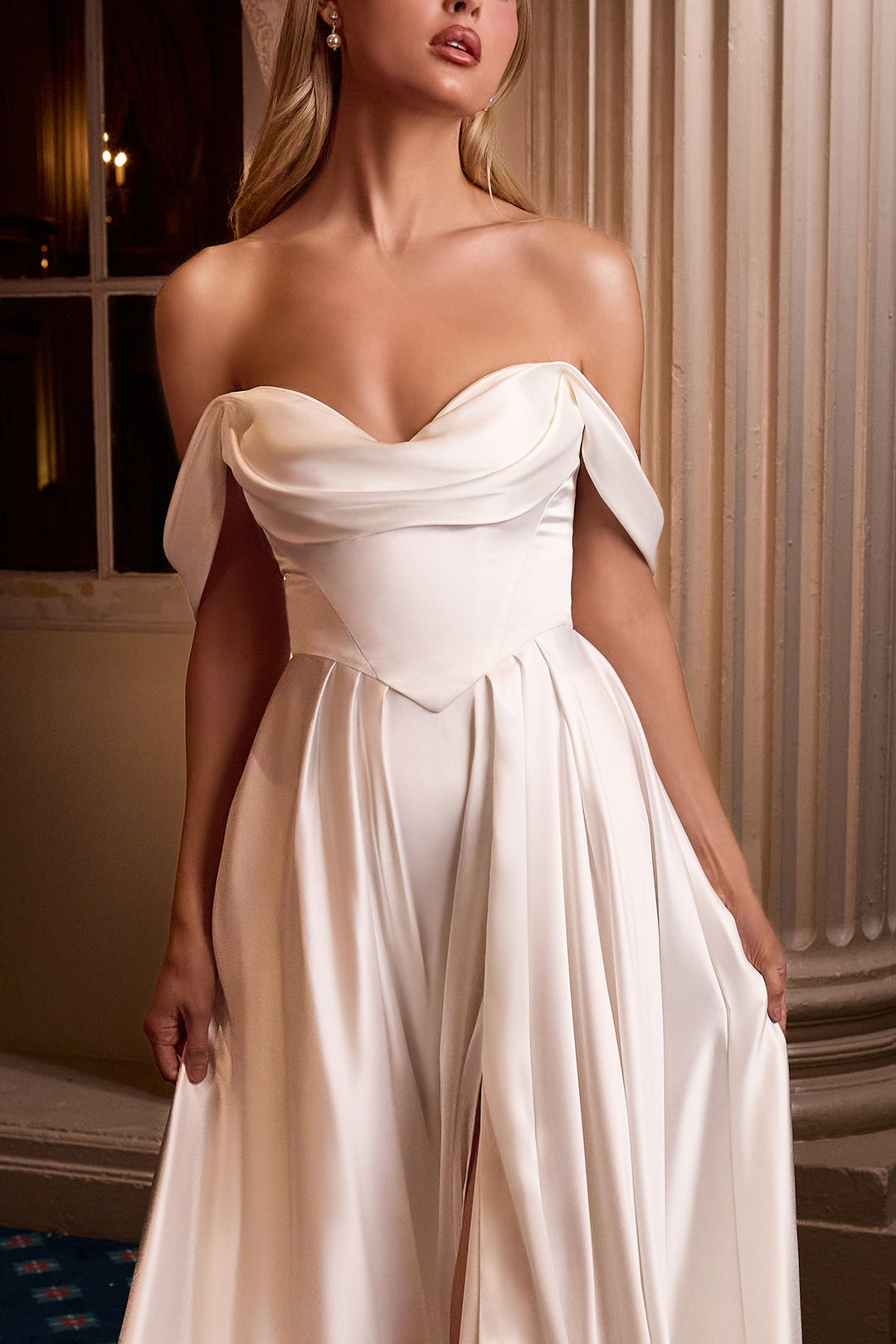 White Off Shoulder A-line Gown by Ladivine 7449W