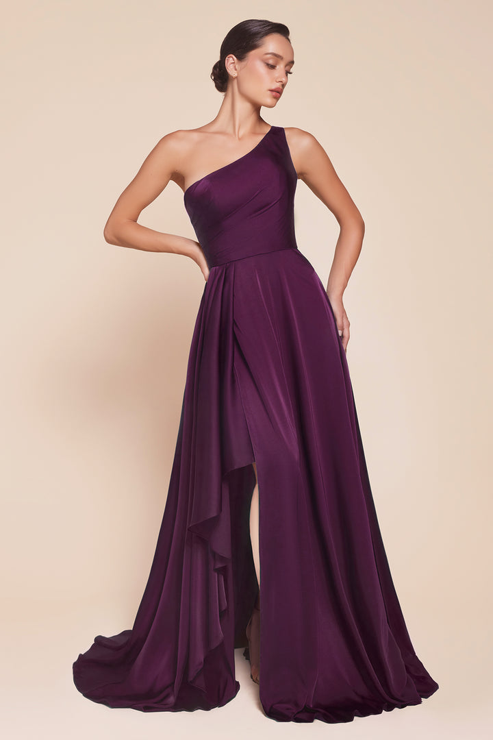 Satin One Shoulder A-line Slit Gown by Ladivine 7450
