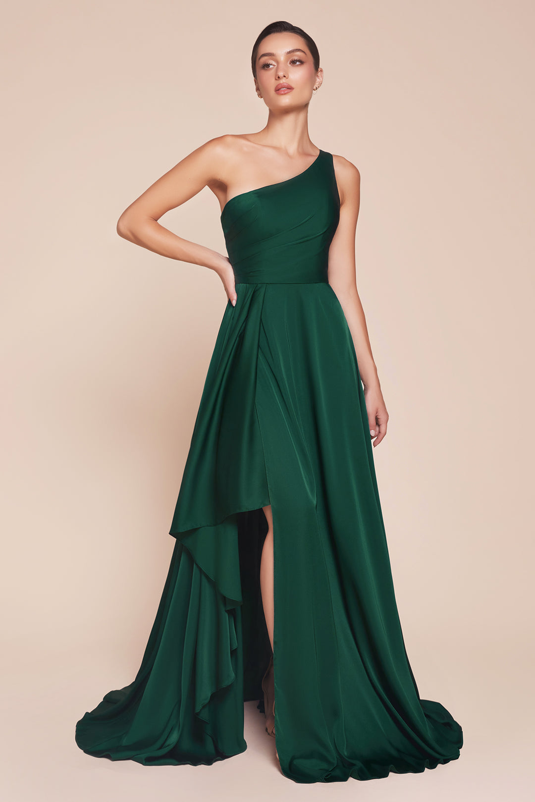 Satin One Shoulder A-line Slit Gown by Ladivine 7450